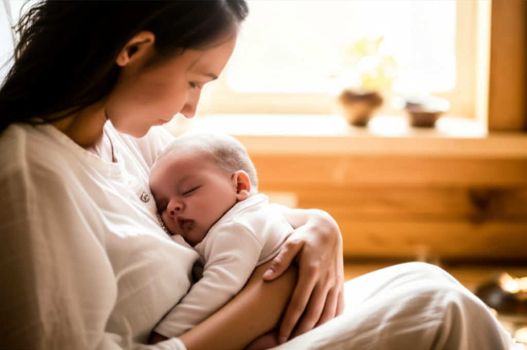 Mother and baby in peaceful setting